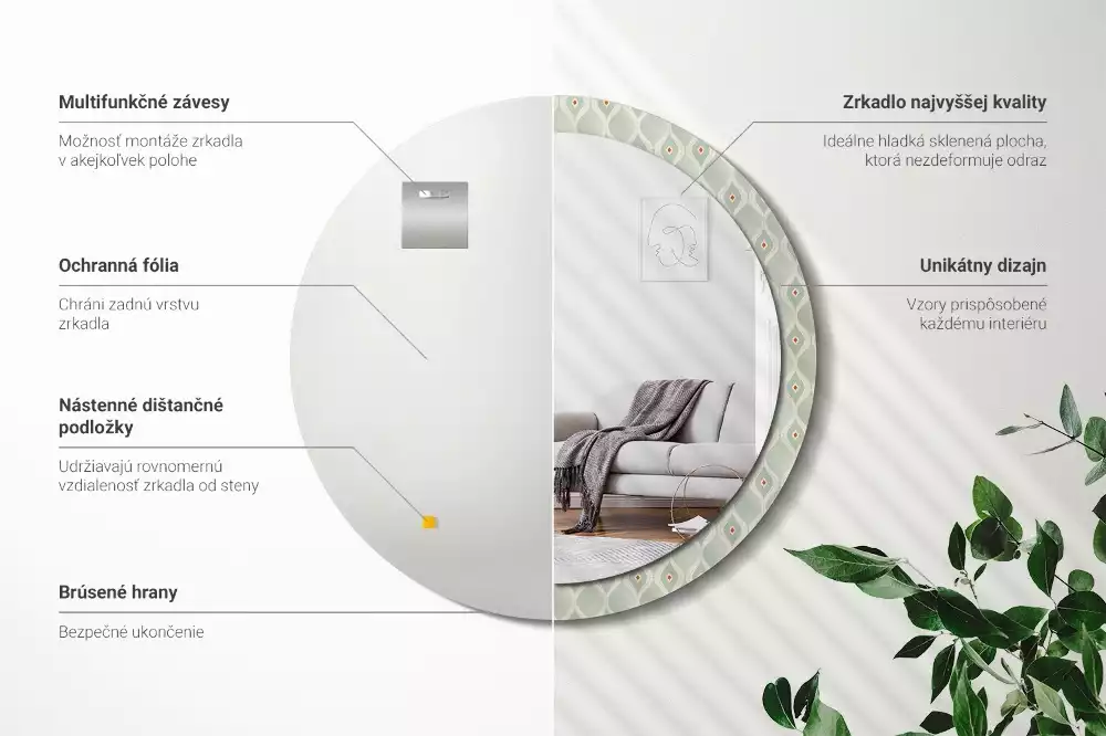 Miroir rond cadre avec impression Motif classique vintage