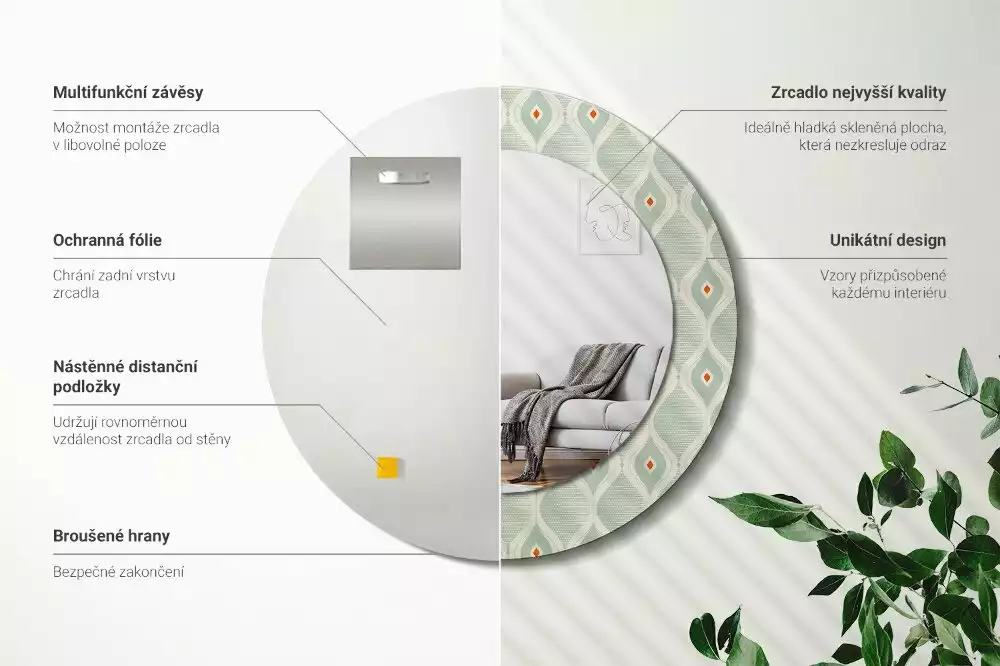 Miroir rond cadre avec impression Motif classique vintage