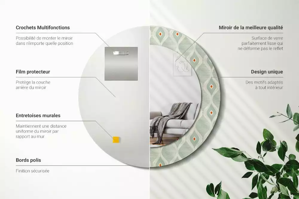 Miroir rond cadre avec impression Motif classique vintage