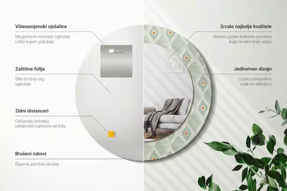 Miroir rond cadre avec impression Motif classique vintage