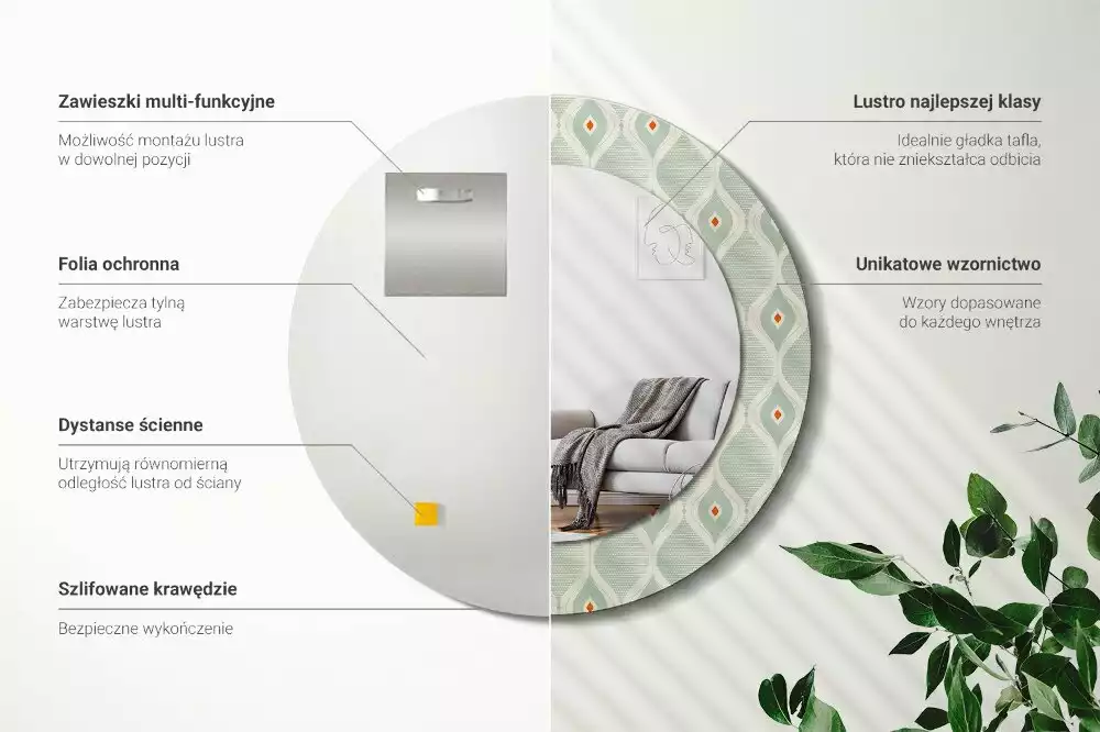 Miroir rond cadre avec impression Motif classique vintage