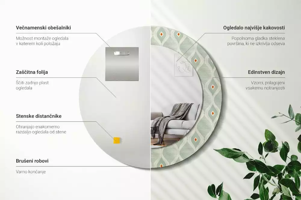 Miroir rond cadre avec impression Motif classique vintage