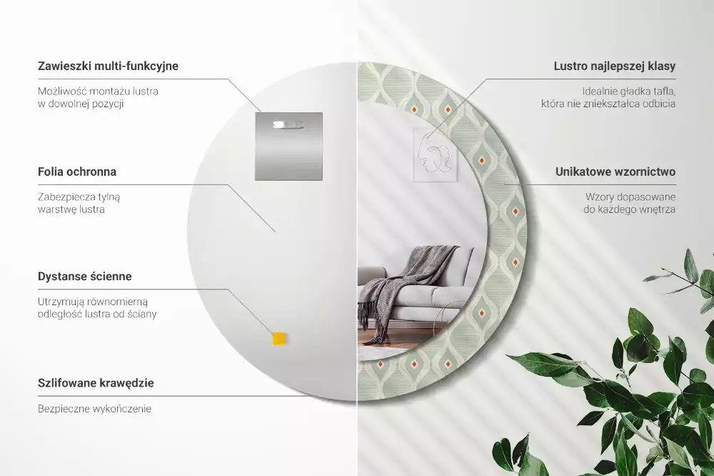 Miroir rond cadre avec impression Motif classique vintage