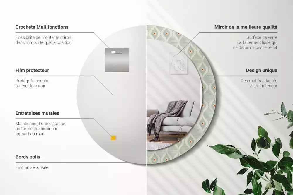 Miroir rond cadre avec impression Motif classique vintage