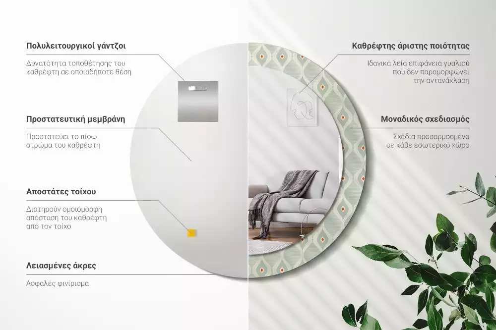 Miroir rond cadre avec impression Motif classique vintage