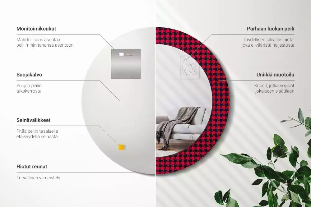 Miroir rond cadre avec impression Carreaux rouges