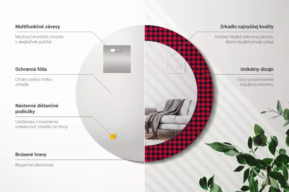 Miroir rond cadre avec impression Carreaux rouges