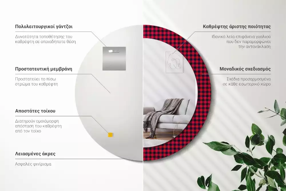 Miroir rond cadre avec impression Carreaux rouges