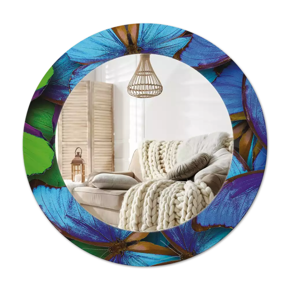 Miroir rond cadre avec impression Papillon bleu et vert