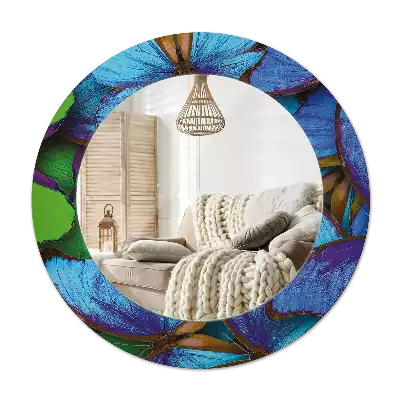 Miroir rond cadre avec impression Papillon bleu et vert