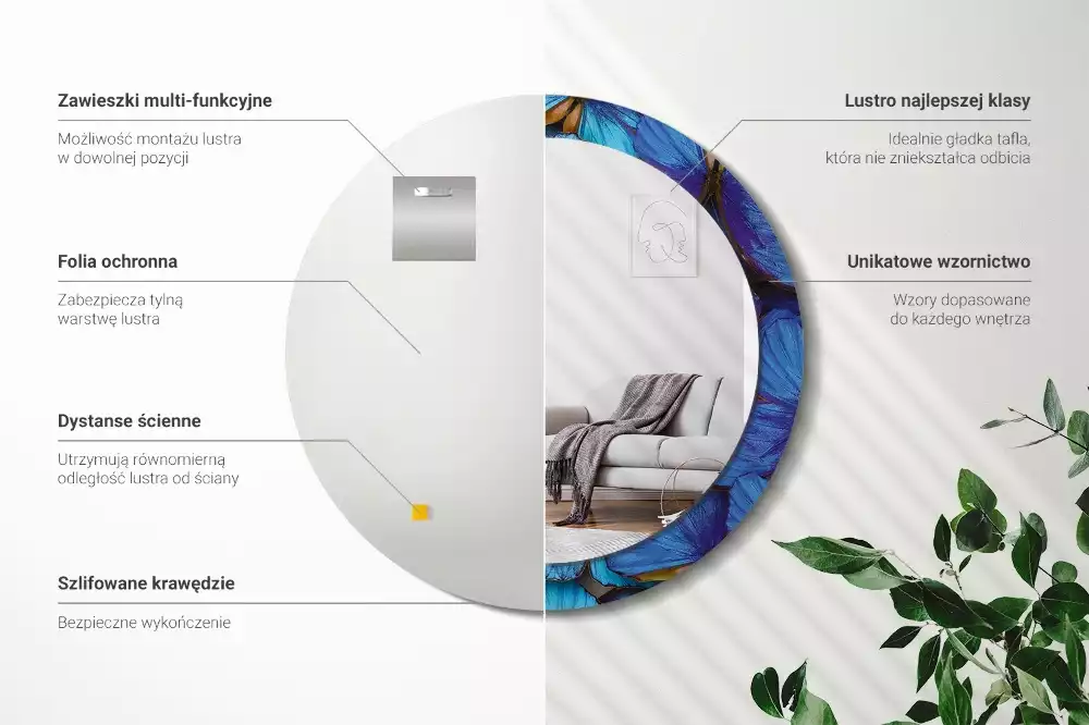 Miroir rond cadre avec impression Papillon bleu et vert