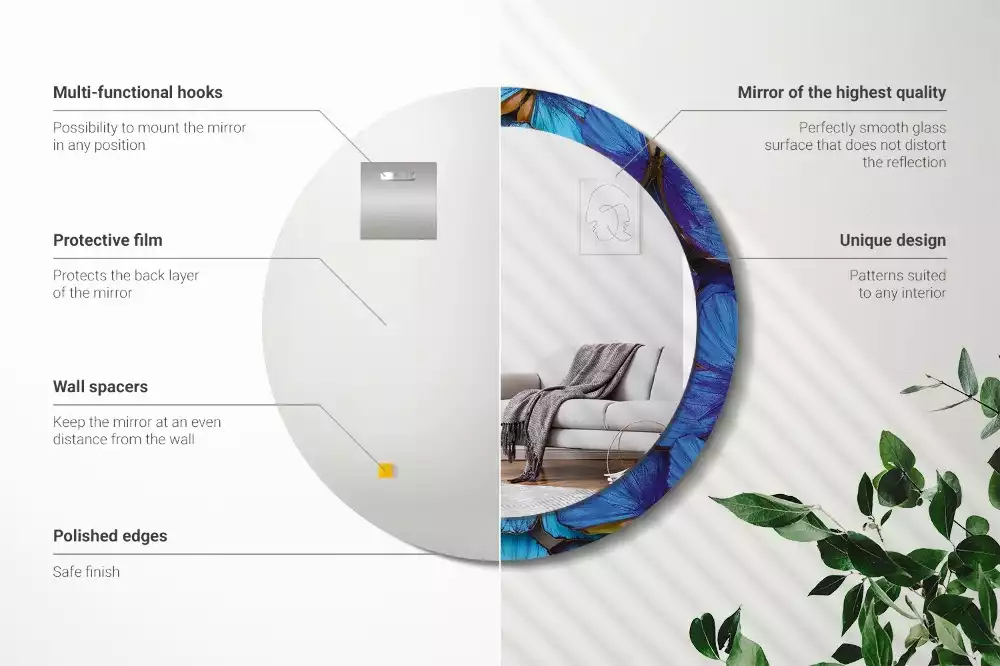 Miroir rond cadre avec impression Papillon bleu et vert