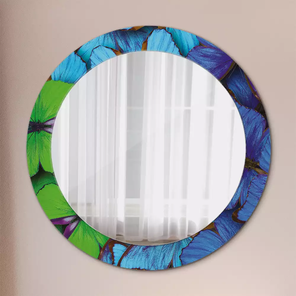 Miroir rond cadre avec impression Papillon bleu et vert