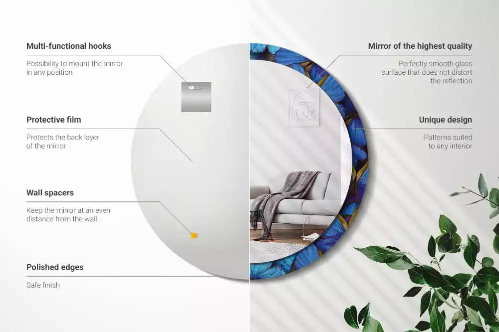 Miroir rond cadre avec impression Papillon bleu et vert