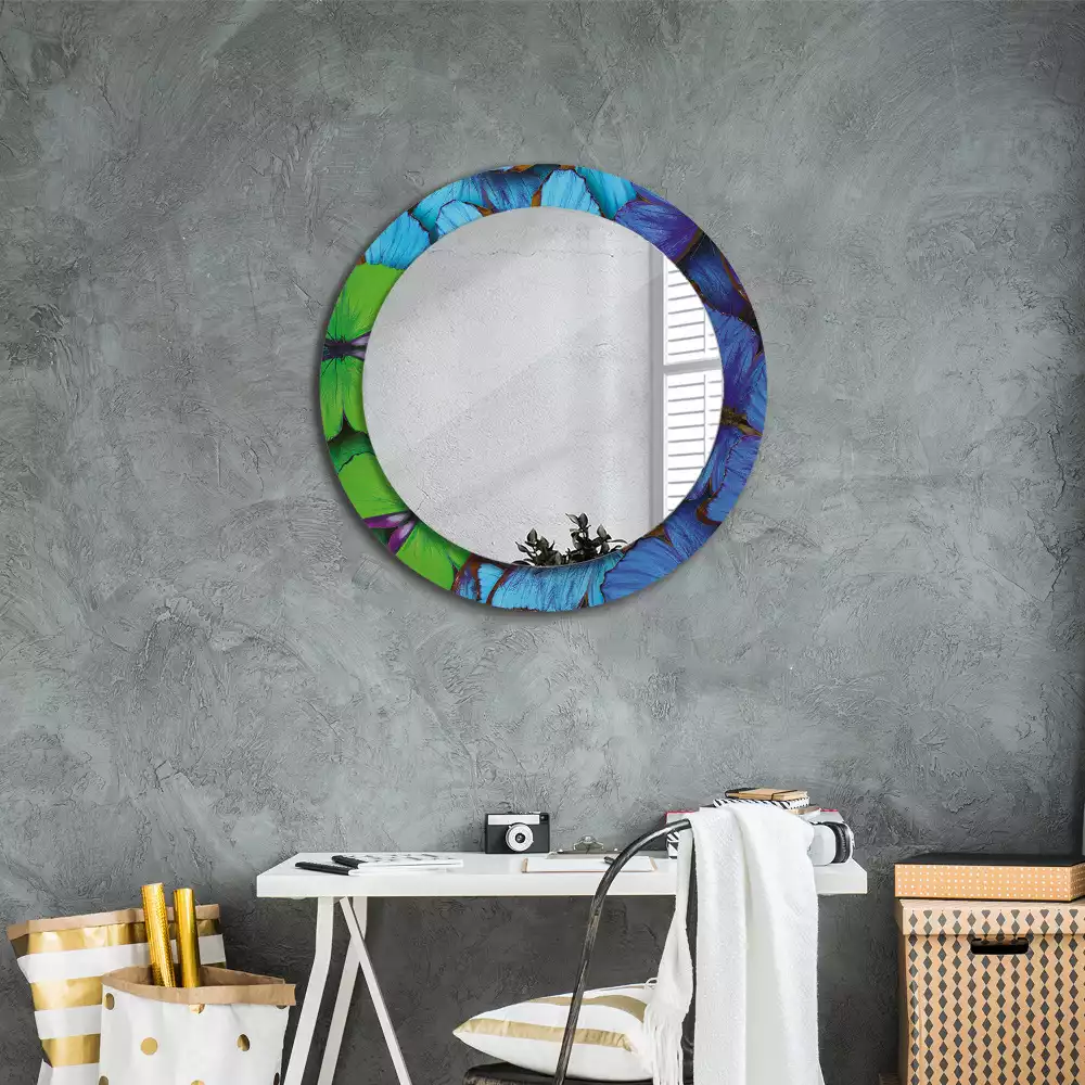 Miroir rond cadre avec impression Papillon bleu et vert