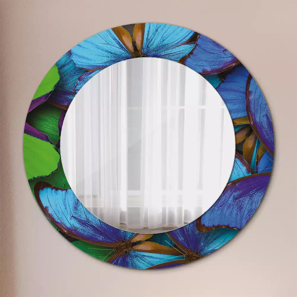 Miroir rond cadre avec impression Papillon bleu et vert