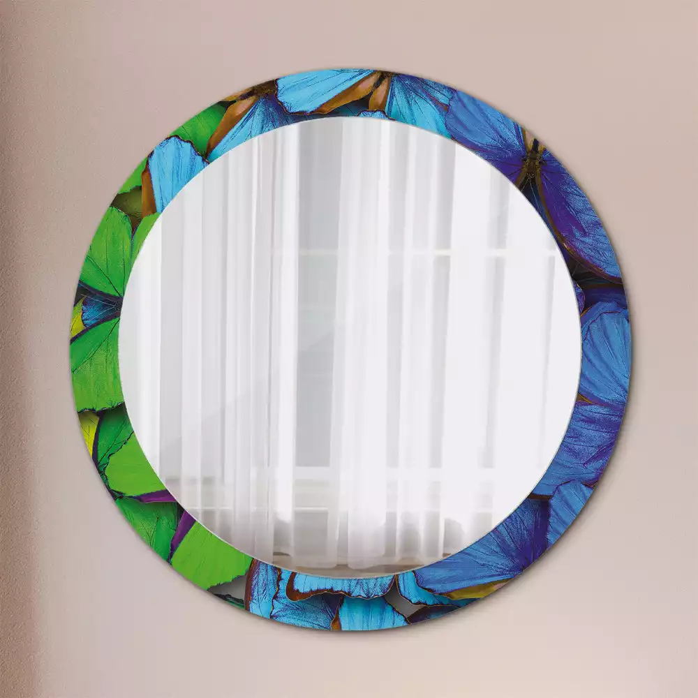 Miroir rond cadre avec impression Papillon bleu et vert