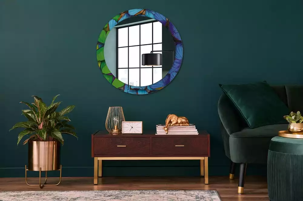 Miroir rond cadre avec impression Papillon bleu et vert