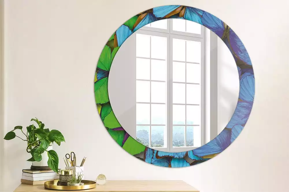 Miroir rond cadre avec impression Papillon bleu et vert