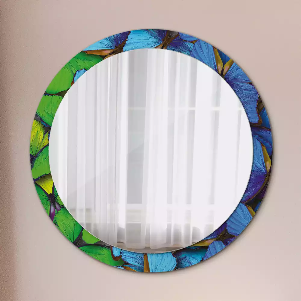 Miroir rond cadre avec impression Papillon bleu et vert
