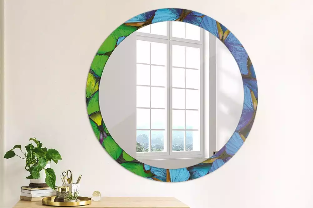 Miroir rond cadre avec impression Papillon bleu et vert