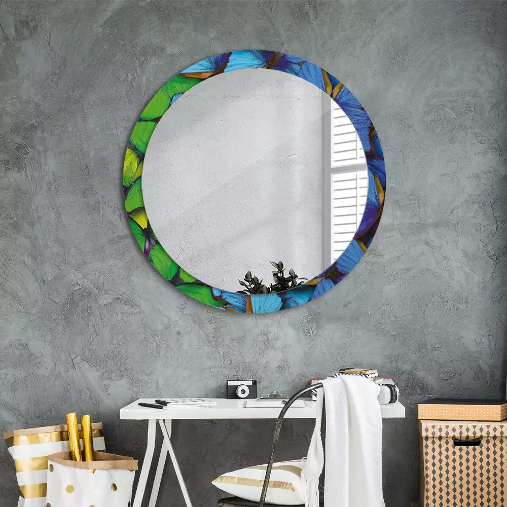 Miroir rond cadre avec impression Papillon bleu et vert