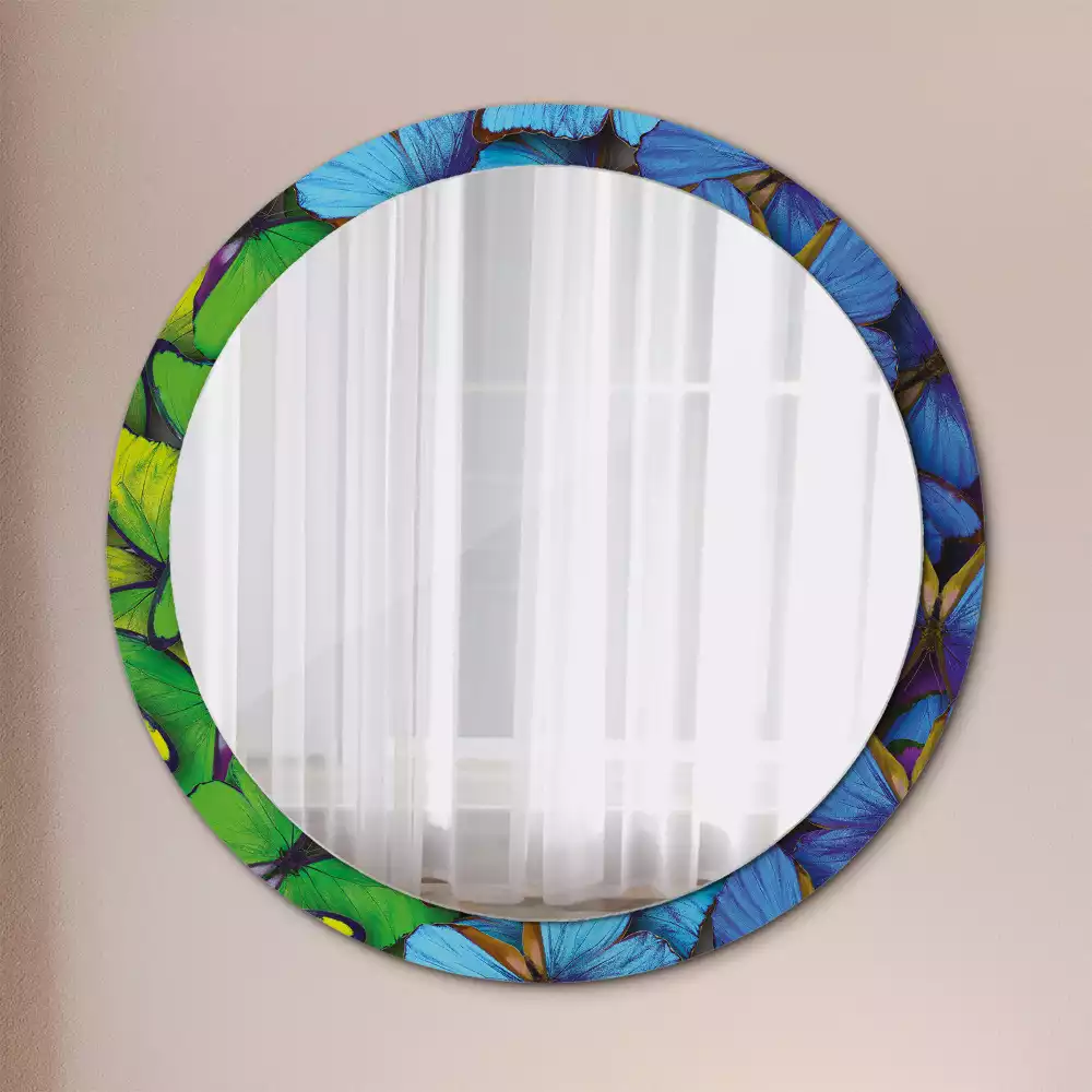 Miroir rond cadre avec impression Papillon bleu et vert