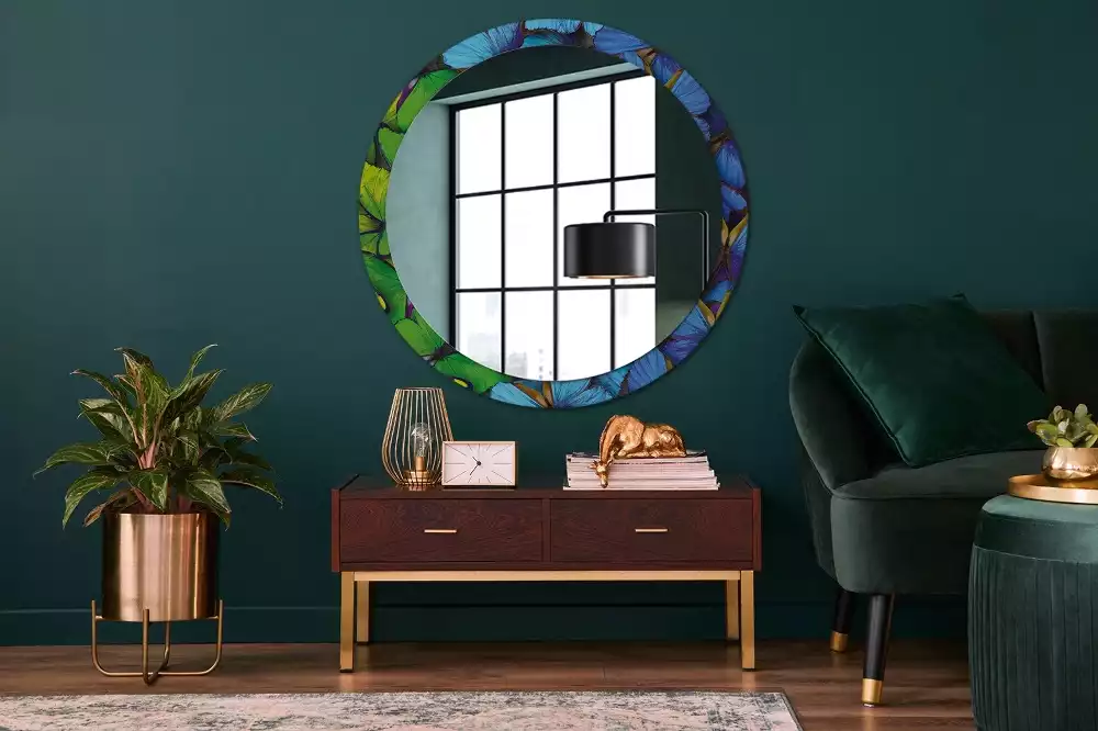 Miroir rond cadre avec impression Papillon bleu et vert