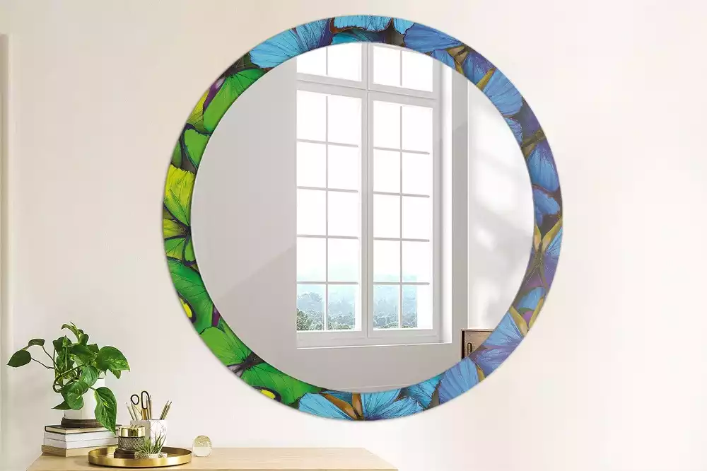Miroir rond cadre avec impression Papillon bleu et vert