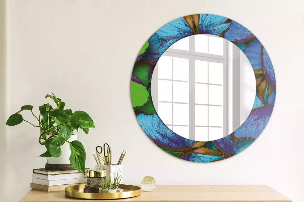 Miroir rond cadre avec impression Papillon bleu et vert