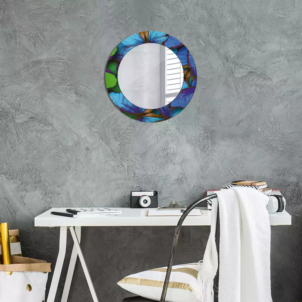 Miroir rond cadre avec impression Papillon bleu et vert