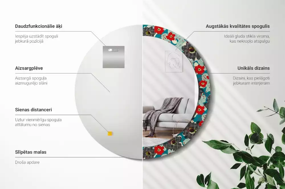 Miroir rond avec décoration Motif floral rétro