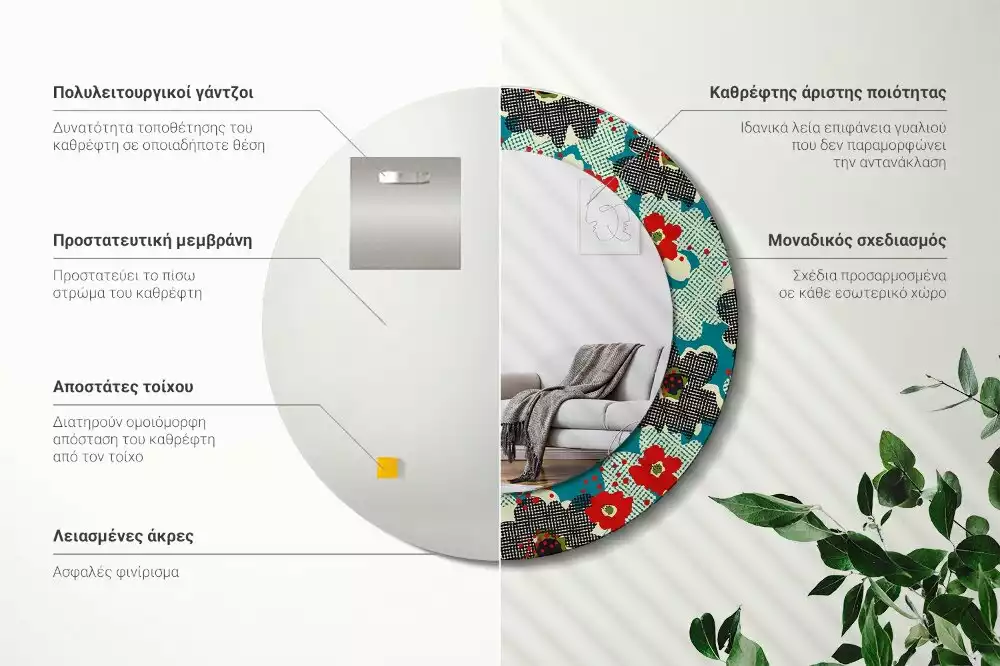 Miroir rond avec décoration Motif floral rétro