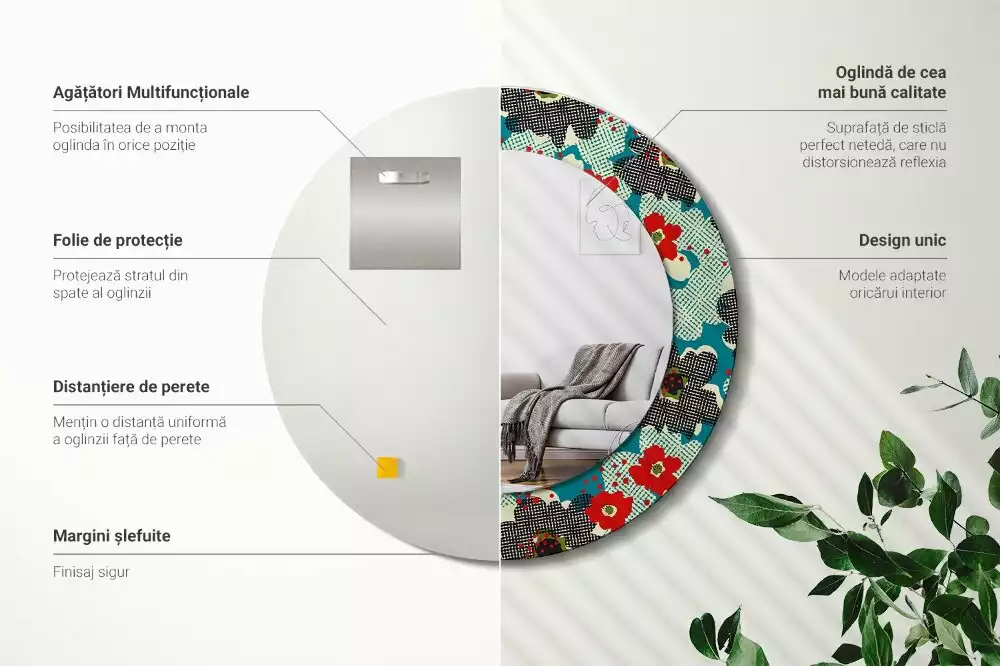 Miroir rond avec décoration Motif floral rétro