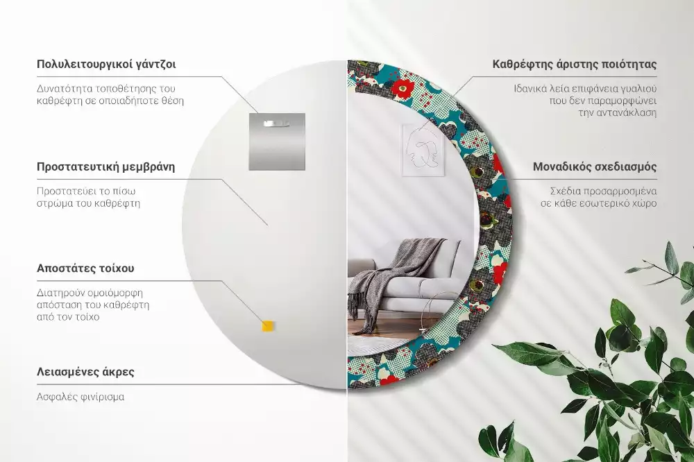 Miroir rond avec décoration Motif floral rétro