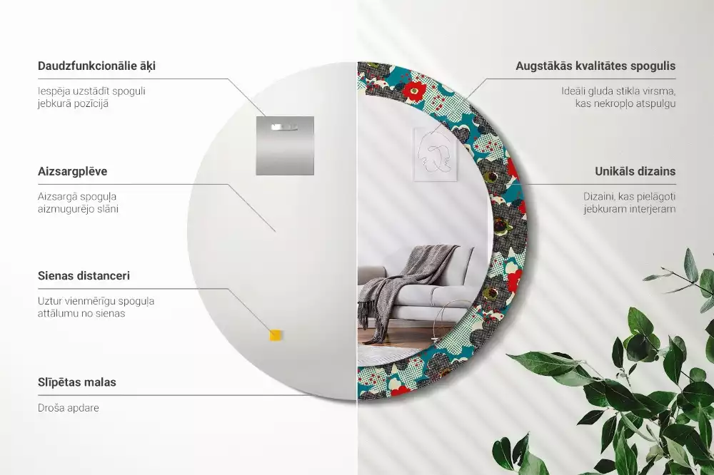 Miroir rond avec décoration Motif floral rétro