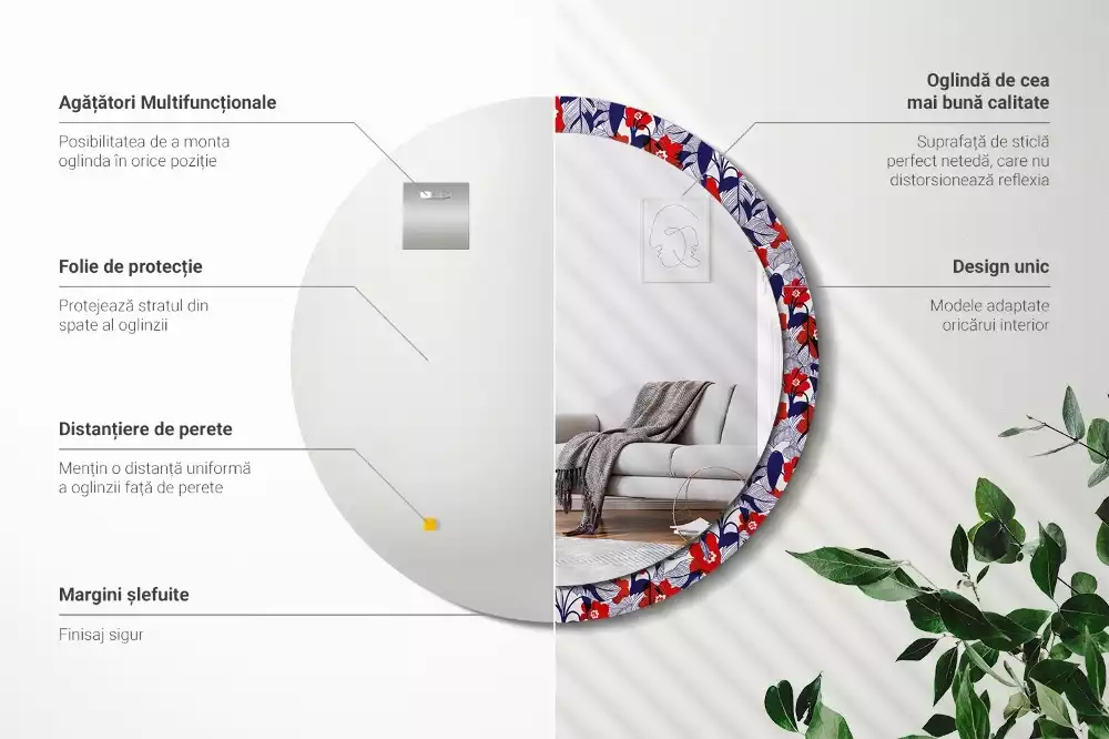 Miroir rond cadre avec impression Philodendrons