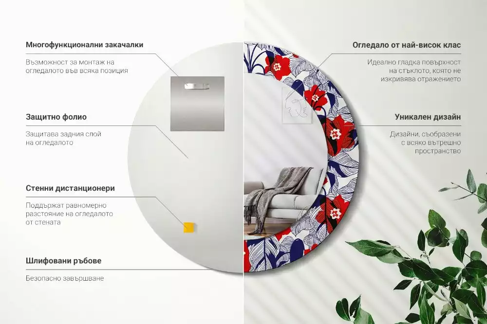 Miroir rond cadre avec impression Philodendrons