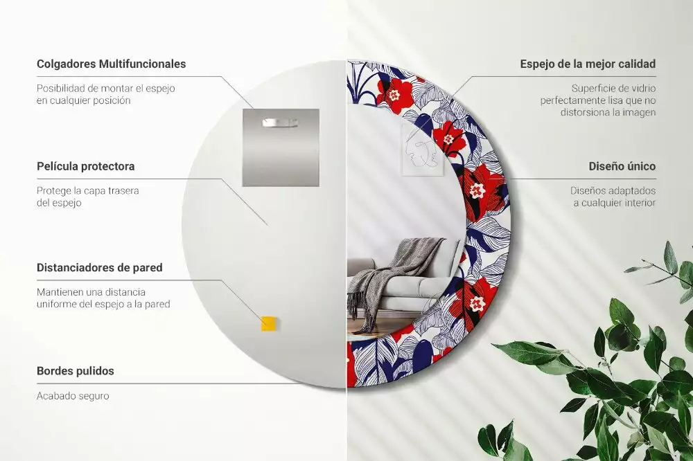 Miroir rond cadre avec impression Philodendrons