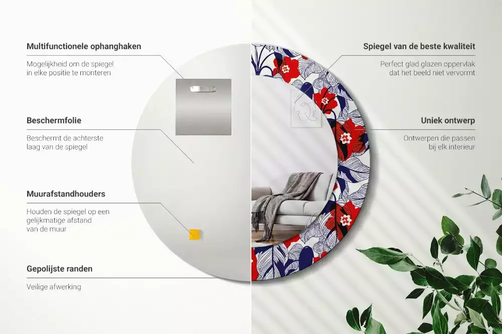 Miroir rond cadre avec impression Philodendrons