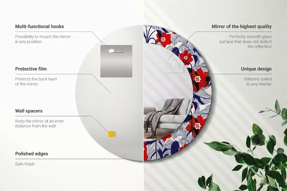 Miroir rond cadre avec impression Philodendrons