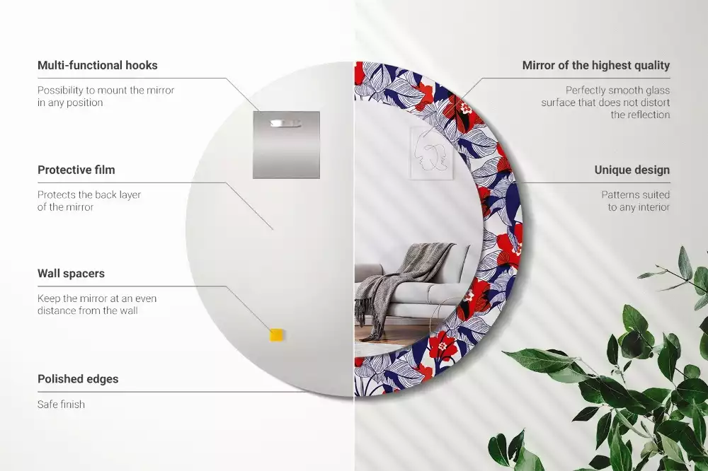 Miroir rond cadre avec impression Philodendrons