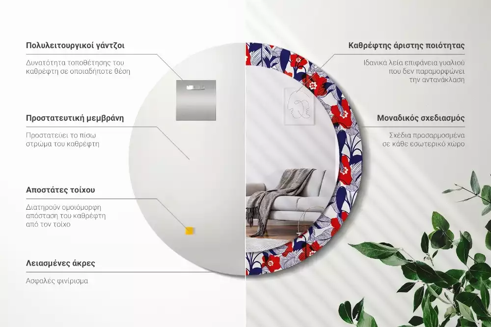 Miroir rond cadre avec impression Philodendrons