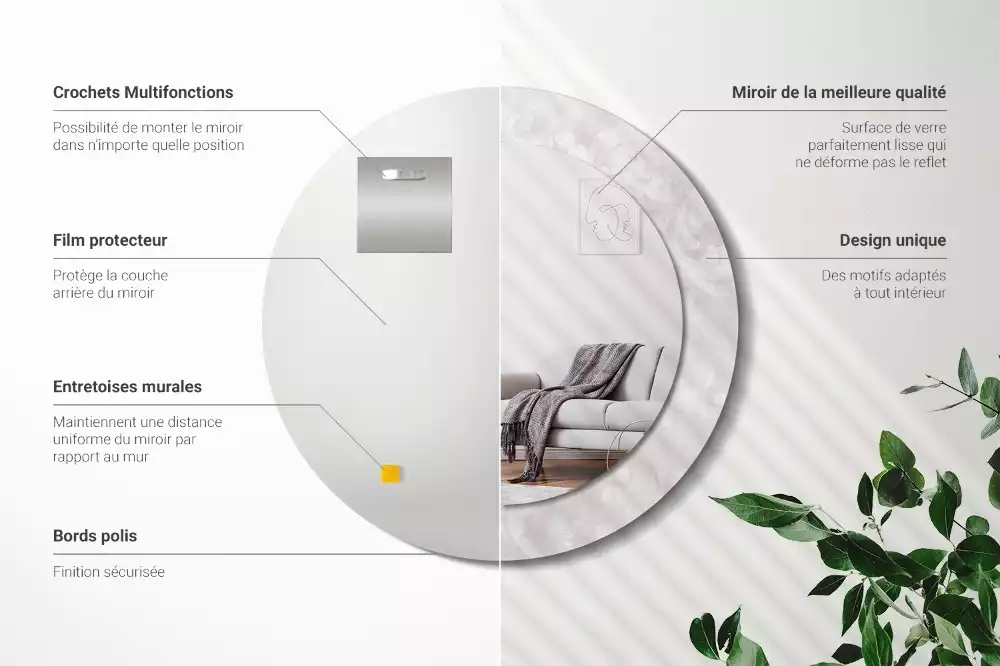 Miroir rond cadre avec impression Texture rococo