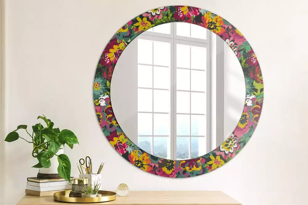 Miroir rond avec décoration Fleurs peintes