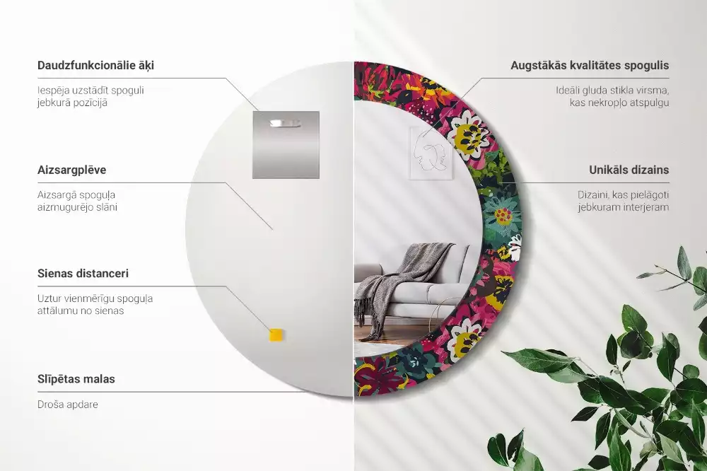 Miroir rond avec décoration Fleurs peintes