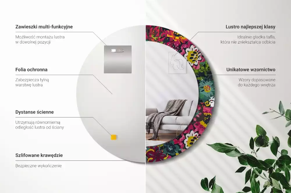 Miroir rond avec décoration Fleurs peintes