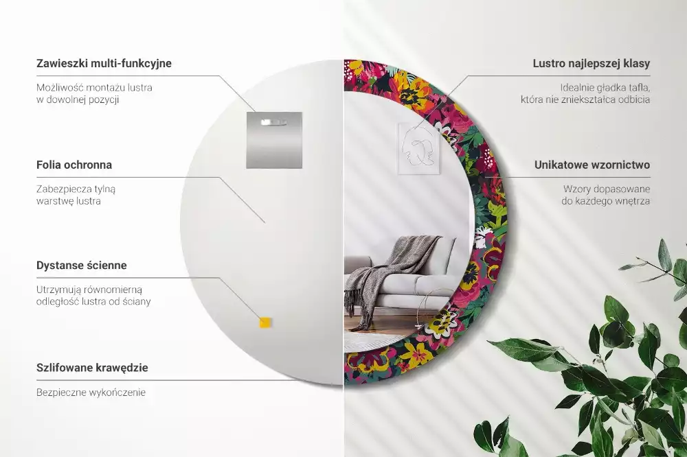 Miroir rond avec décoration Fleurs peintes