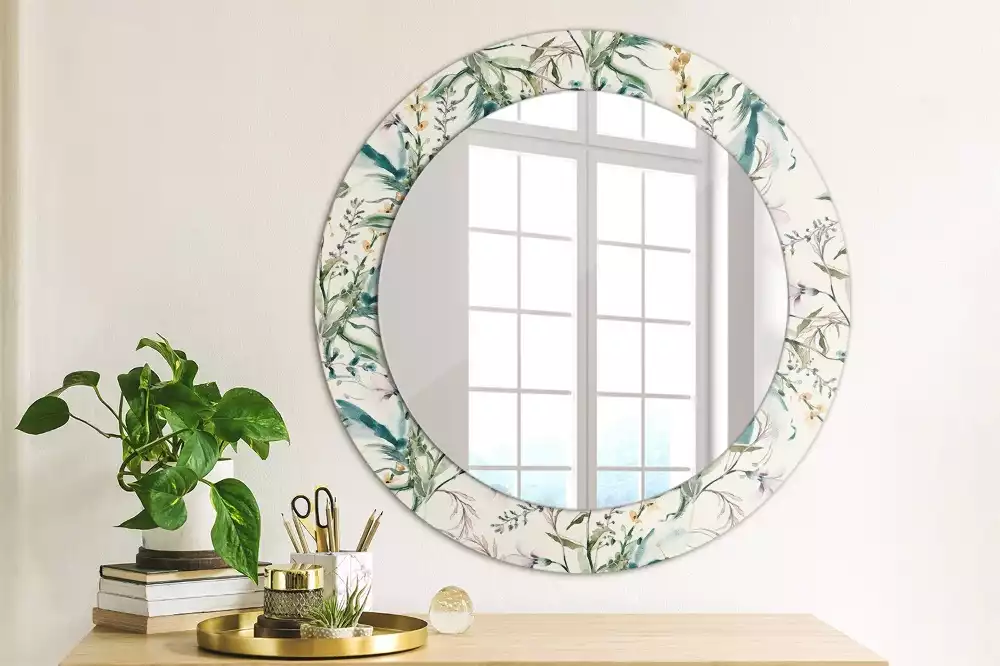 Miroir rond cadre avec impression Fleurs aquarelles