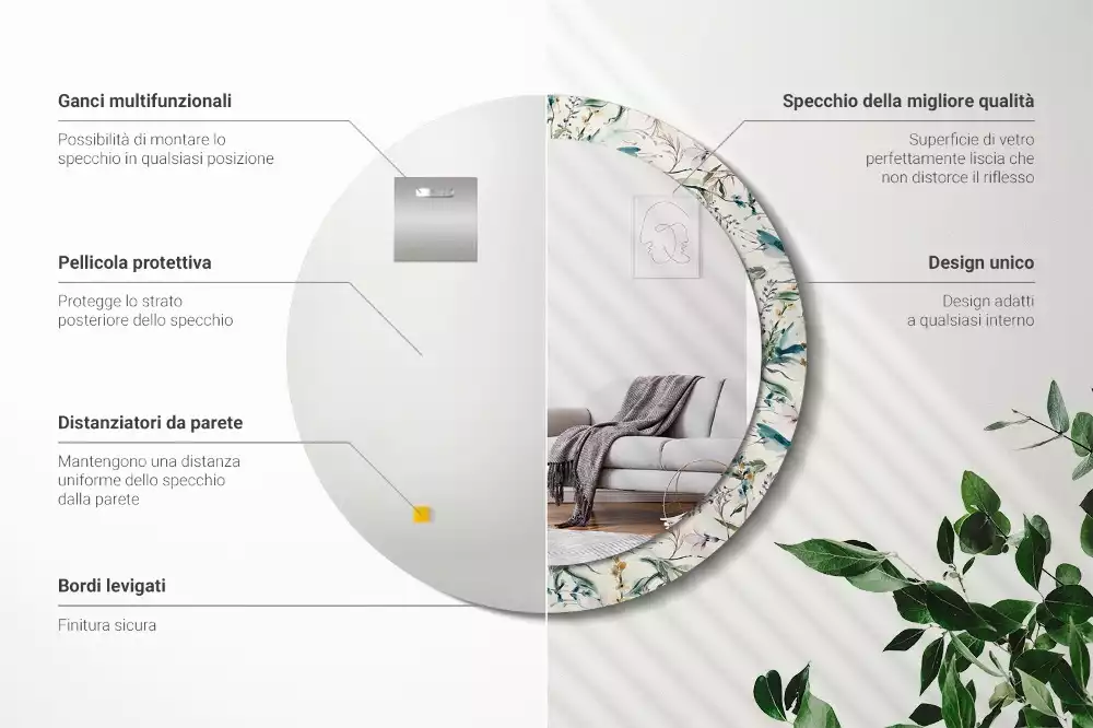 Miroir rond cadre avec impression Fleurs aquarelles